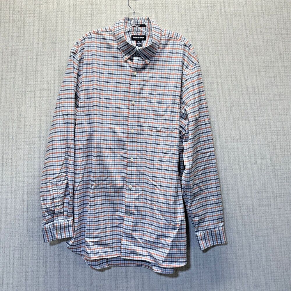 Lands' End Button Down Shirt Mens XL Blue Orange Plaid No Iron Traditional Fit
